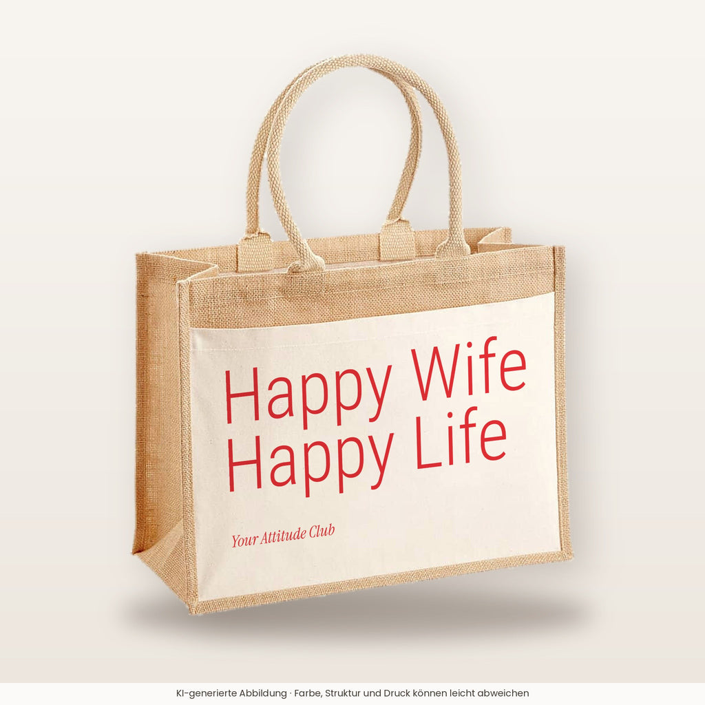 Happy Wife Happy Life – Jutetasche mit Spruch, große Jutetasche, Produktansicht