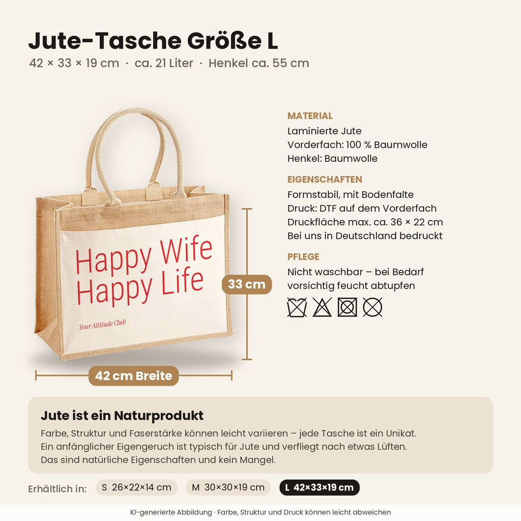 Happy Wife Happy Life – Jutetasche mit Spruch, Maße, Material und Pflege
