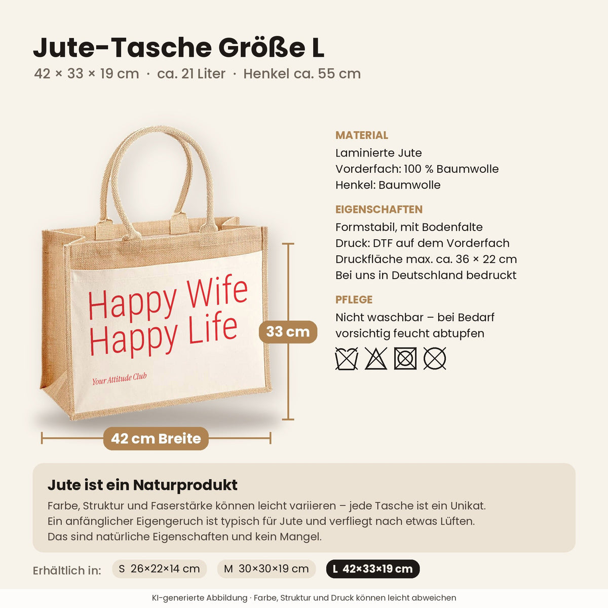 Happy Wife Happy Life – Jutetasche mit Spruch, Maße, Material und Pflege