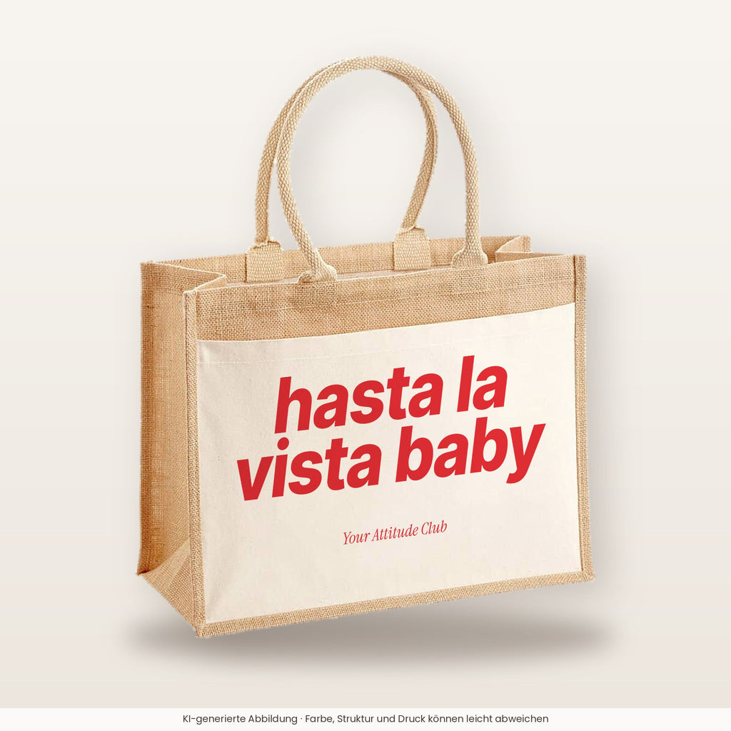 Hasta La Vista Baby – Jutetasche mit Spruch, große Jutetasche, Produktansicht