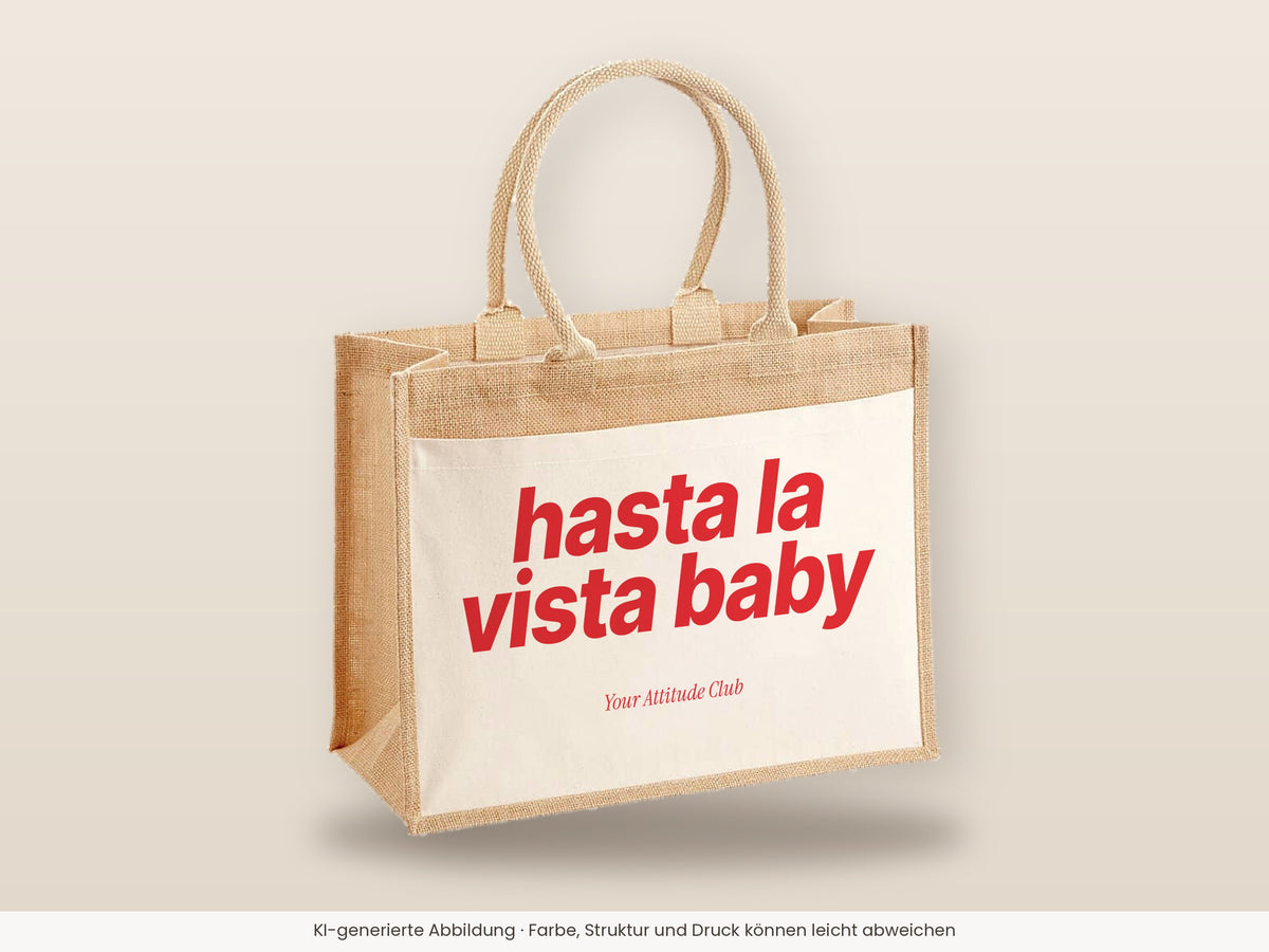 Hasta La Vista Baby – Jutetasche mit Spruch, große Jutetasche, Detailansicht
