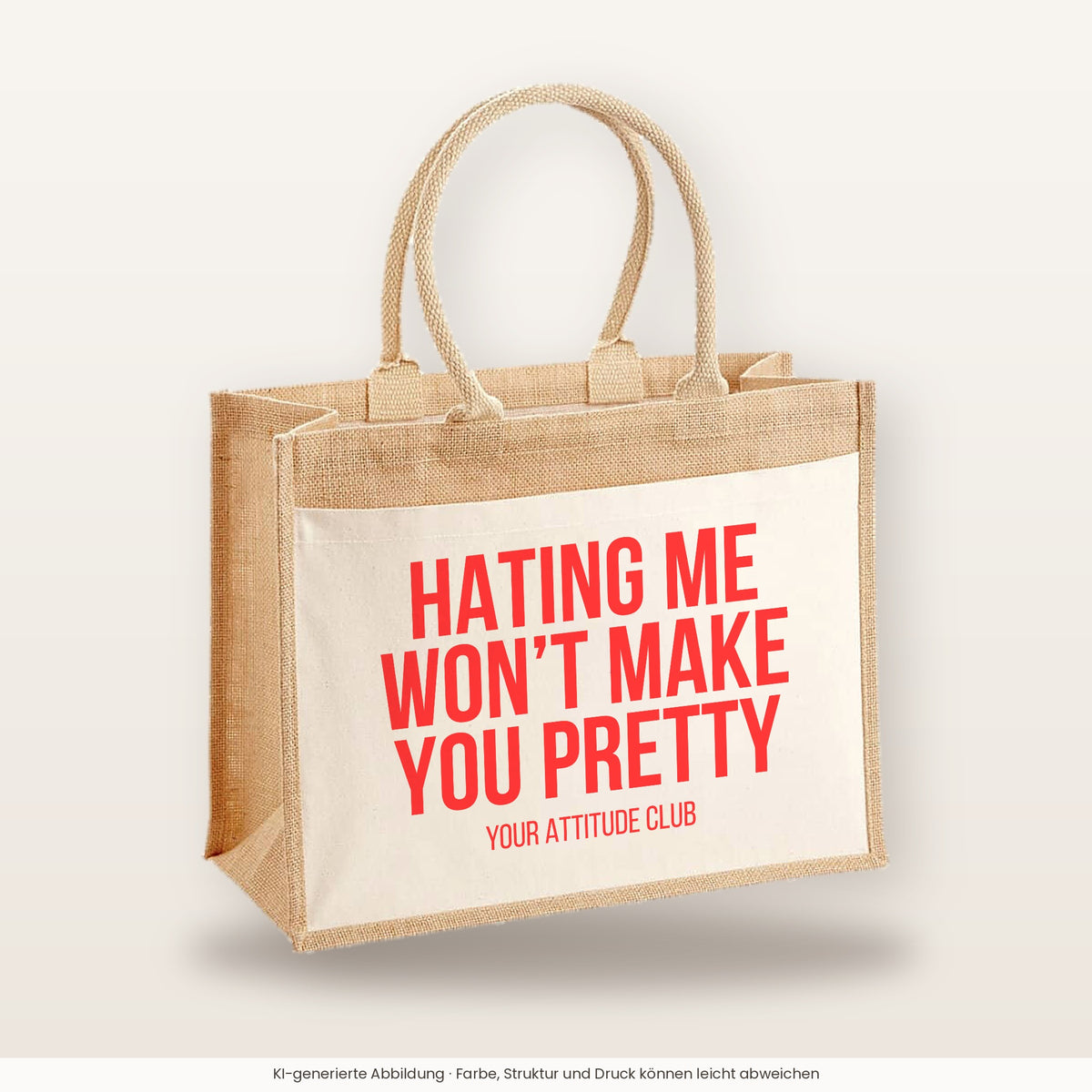 Hating me won't make you pretty – Jutetasche mit Spruch, große Jutetasche, Produktansicht