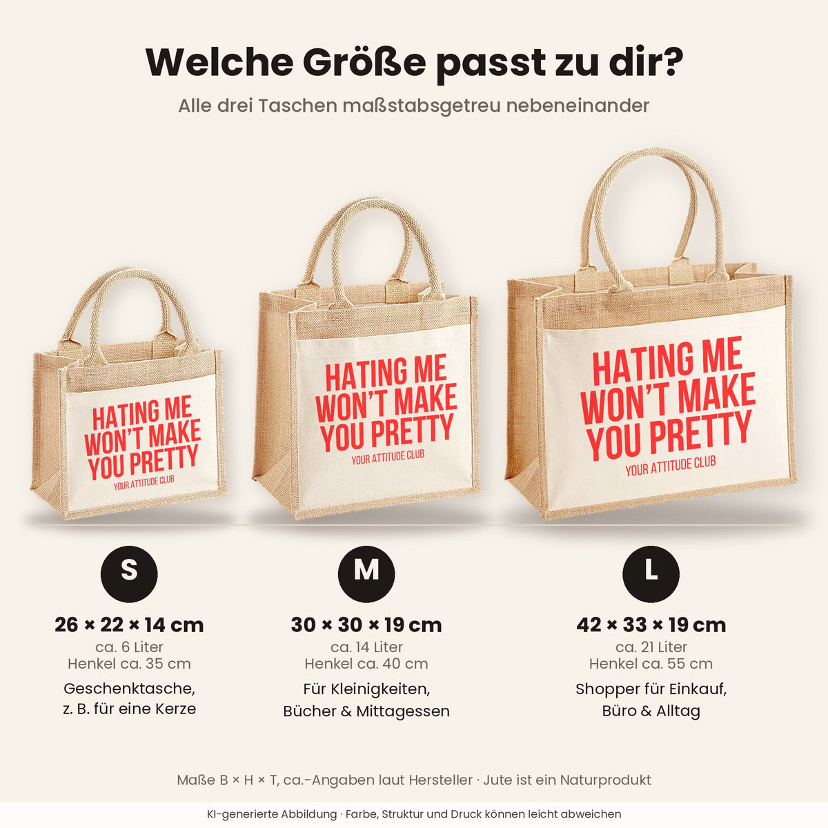 Hating me won't make you pretty – Jutetasche mit Spruch, Größenvergleich klein, mittel, groß