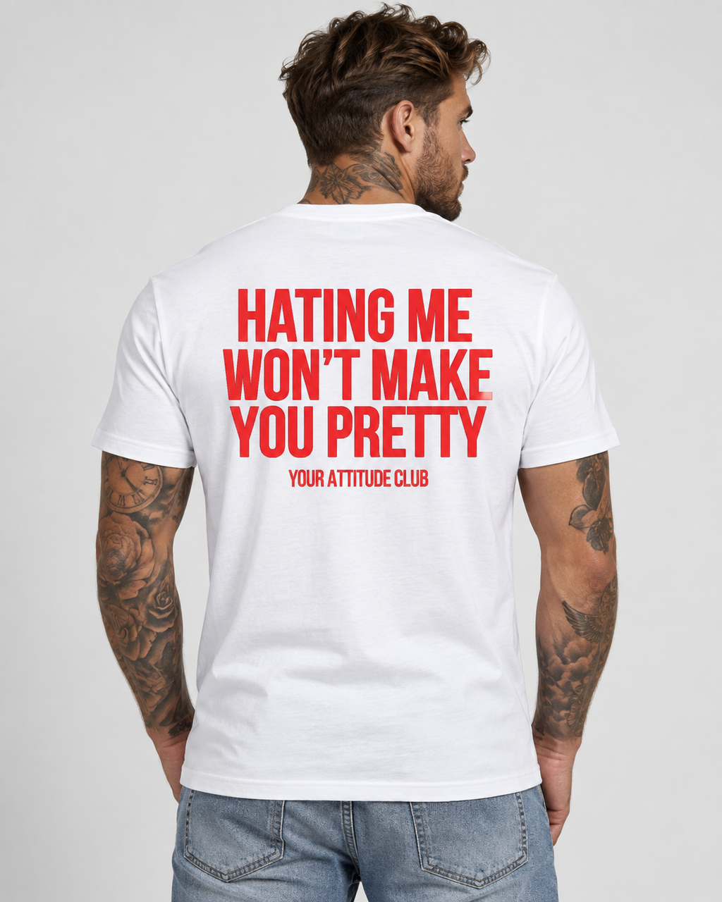 HATING ME WON’T MAKE YOU PRETTY – Unisex Statement T-Shirt Weiß mit rotem Backprint | freches Sprüche Shirt