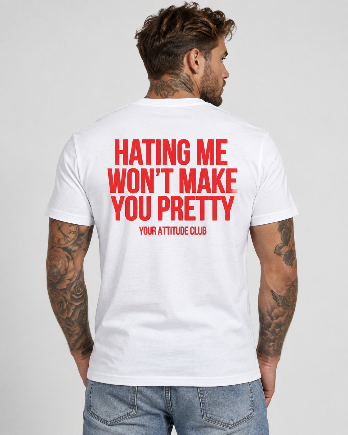 HATING ME WON’T MAKE YOU PRETTY – Unisex Statement T-Shirt Weiß mit rotem Backprint | freches Sprüche Shirt