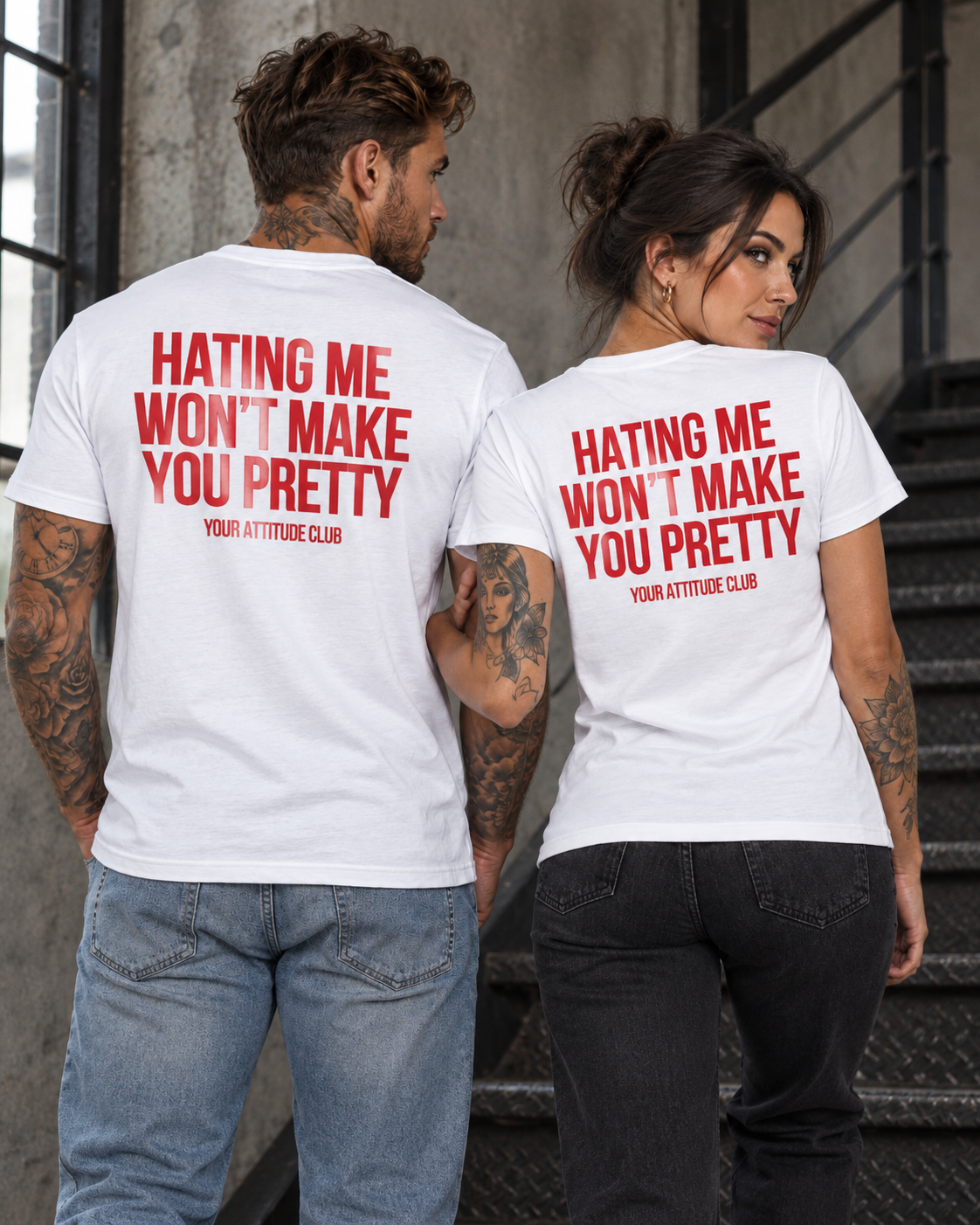 HATING ME WON’T MAKE YOU PRETTY – Unisex Statement T-Shirt Weiß mit rotem Backprint | freches Sprüche Shirt
