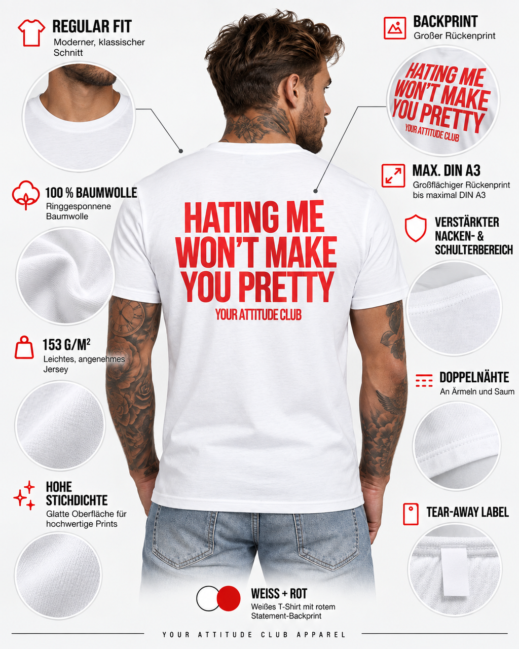 HATING ME WON’T MAKE YOU PRETTY – Unisex Statement T-Shirt Weiß mit rotem Backprint | freches Sprüche Shirt