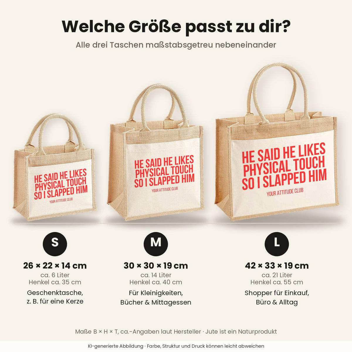 He said he likes physical touch so I slapped him – Jutetasche mit Spruch, Größenvergleich klein, mittel, groß