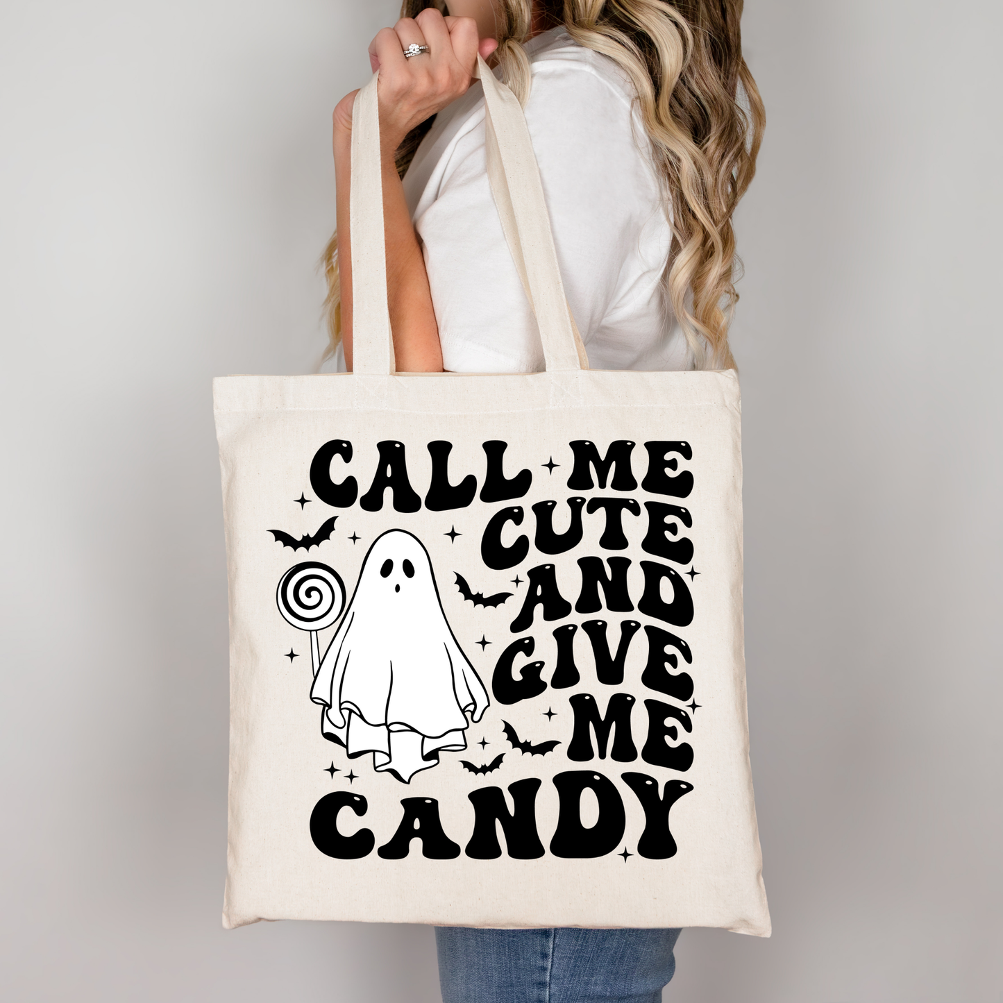 Call Me Cute And Give Me Candy Tote Bag Baumwolltasche 38x42cm Rosa Beige | Halloween Süßigkeiten Spruch Tasche DTG Druck | Bügelbild Upcycling Geschenkidee