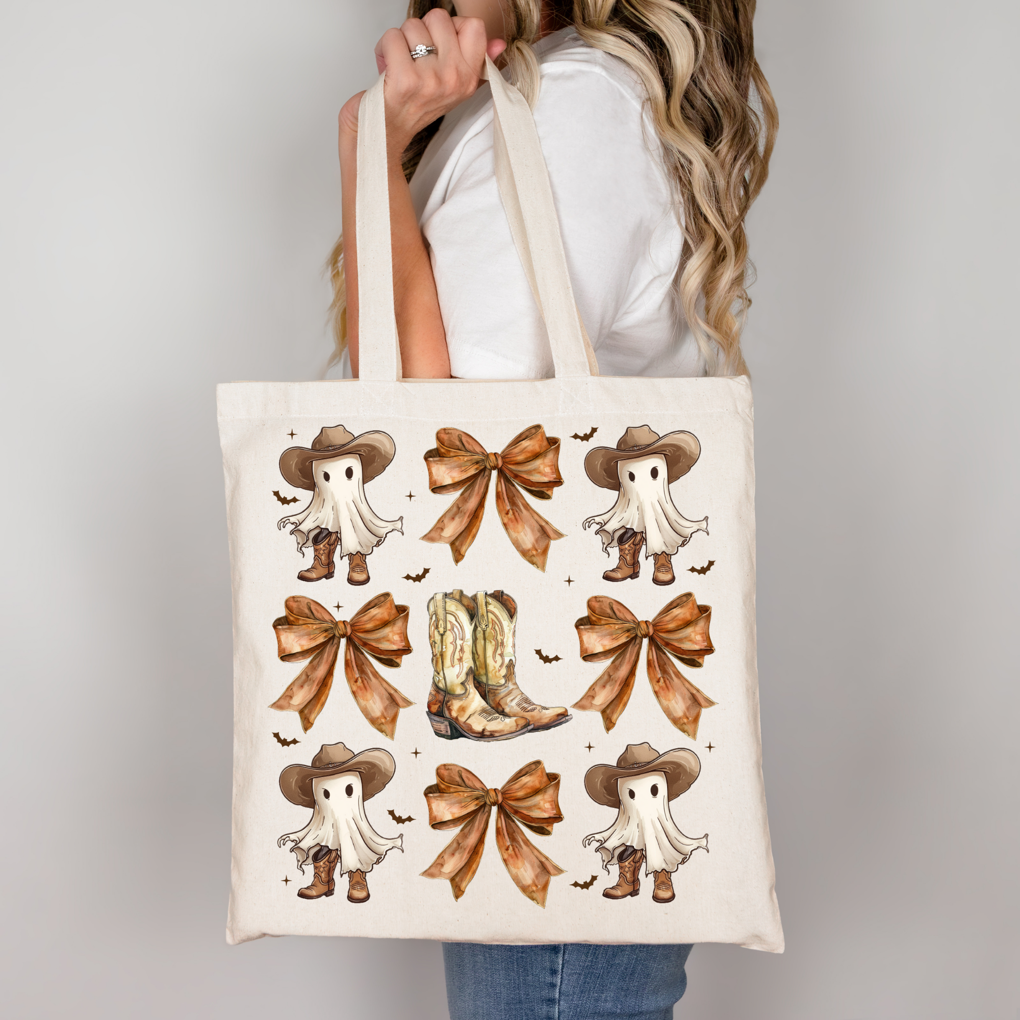 Western Ghost Coquette Tasche Schwarz – Halloween Cowboy Geist Stoffbeutel – als DTG Druck oder A4/A3 Bügelbild für Shirt, Jacke, Tasche, Kissen