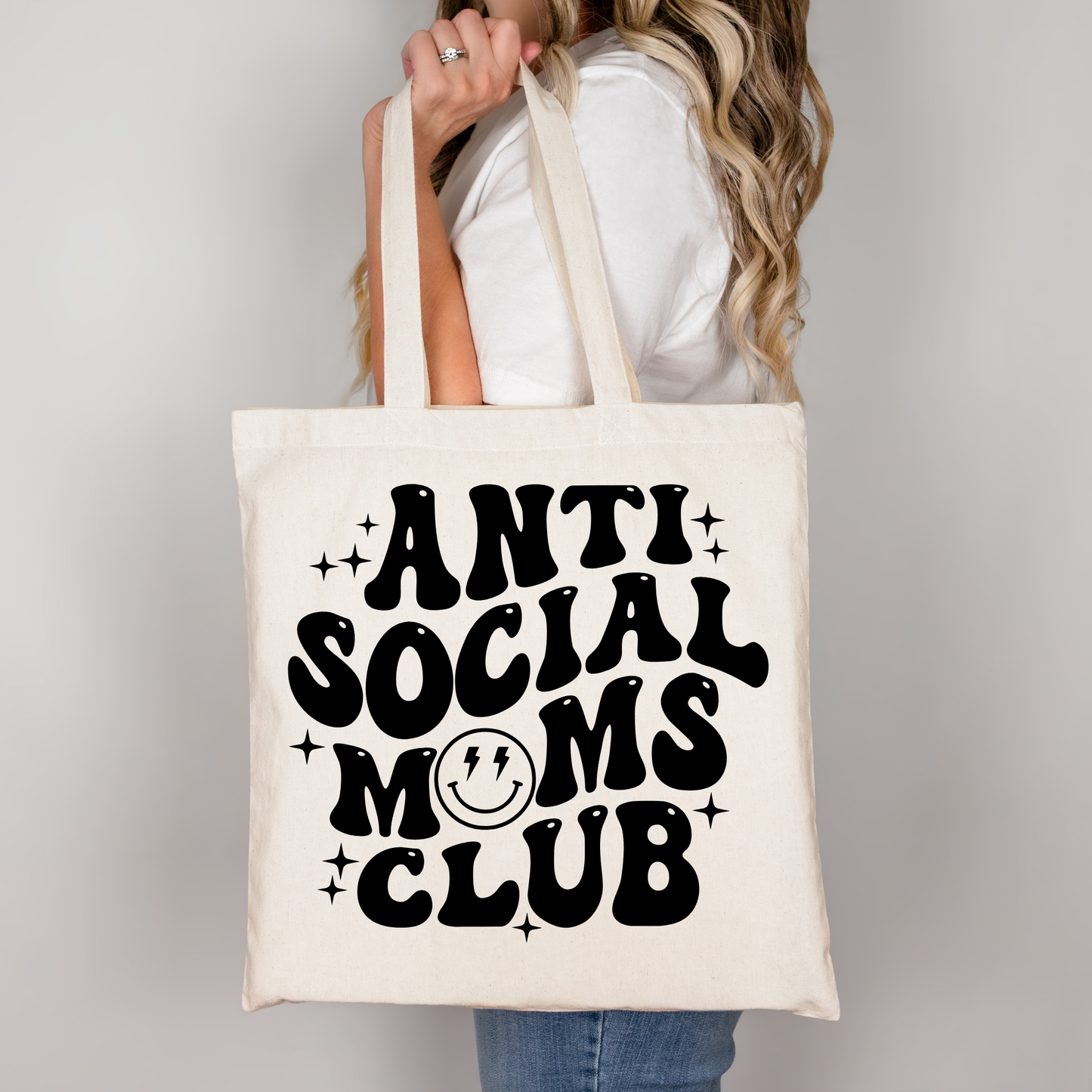 Anti Social Moms Club Tote Bag Baumwolltasche 38x42cm Rosa Beige | Lustige Mama Einkaufstasche DTG Druck | Bügelbild Upcycling Geschenkidee