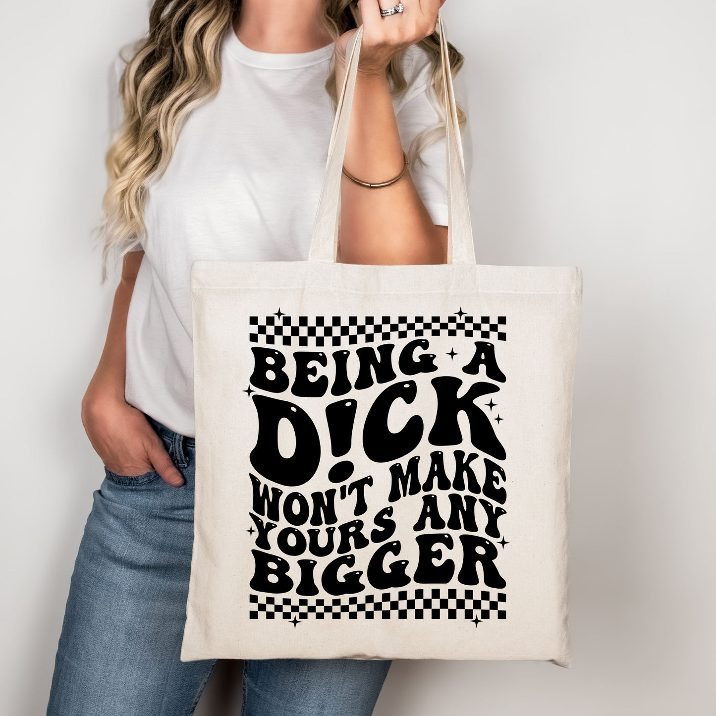 Being a Dick Won’t Make Yours Any Bigger Tote Bag Baumwolltasche 38x42cm Rosa Beige | Lustige Freche Spruch Tasche DTG Druck | Bügelbild Upcycling Geschenkidee