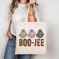 BOO-JEE Halloween Tasche Beige – Geister Baumwollbeutel, spooky Tote Bag, Leo Ghost Print, DTG Druck, A4 & A3 Bügelbild für Shirt, Kissen & mehr