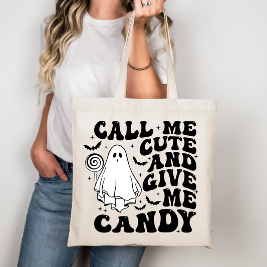 Call Me Cute And Give Me Candy Tote Bag Baumwolltasche 38x42cm Rosa Beige | Halloween Süßigkeiten Spruch Tasche DTG Druck | Bügelbild Upcycling Geschenkidee