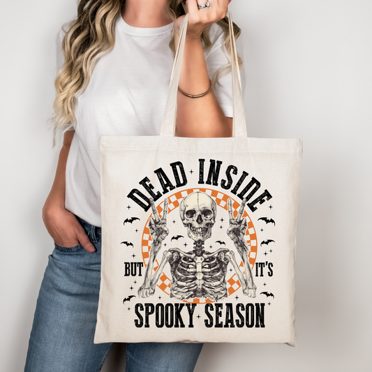 Dead Inside But It’s Spooky Season Tote Bag Baumwolltasche 38x42cm Rosa Beige | Halloween Skelett Spruch Tasche DTG Druck | Bügelbild Upcycling Geschenkidee