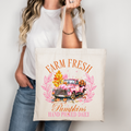 Farm Fresh Pumpkins Pink Truck Tasche – Herbst Beutel Beige Baumwolltasche mit Kürbis-Design, DTG-Druck, auch als A4/A3 Bügelbild für Shirt, Jacke oder Kissen