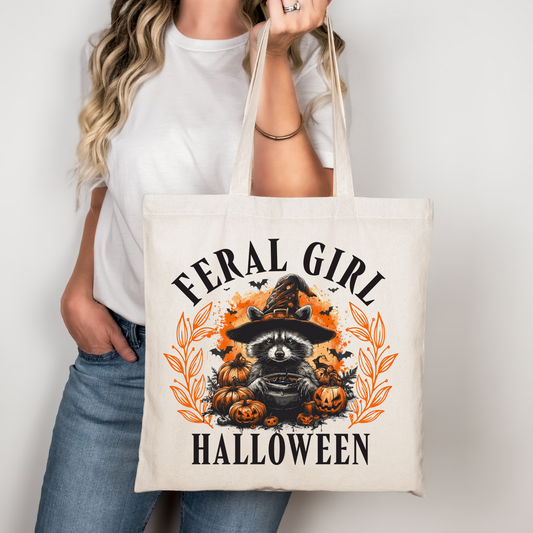 Feral Girl Halloween Baumwolltasche Waschbär Hexe | Lustiger Halloween Stoffbeutel Rosa Beige | DTG Druck Tote Bag Kürbis Motiv | Bügelbild Upcycling Geschenkidee