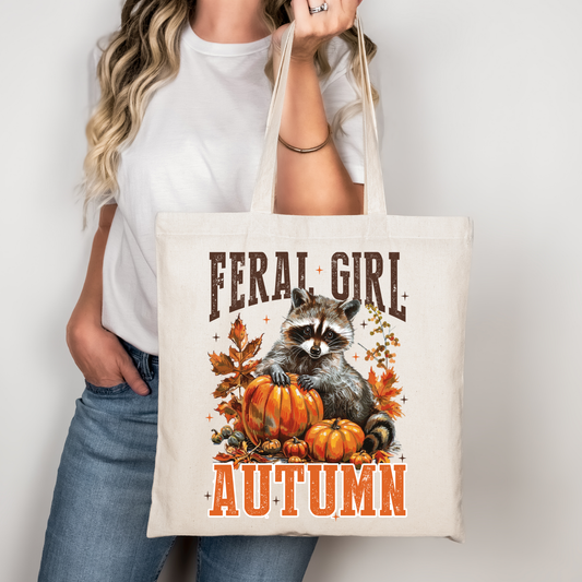 Feral Girl Autumn Tasche beige – Waschbär Kürbis Stoffbeutel Baumwolltasche 38x42cm, Herbstbeutel, DTG-Druck, A4/A3 Bügelbild für Shirts, Deko, Jacken & DIY