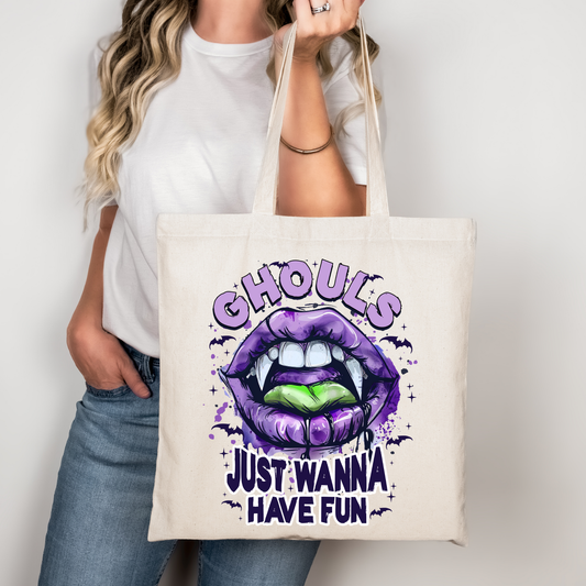 Ghouls just wanna have fun Tasche beige – Halloween Stoffbeutel mit Vampirmund, Baumwolltasche 38x42 cm, A4 A3 Aufbügler für Shirts, Jacken, Kissen, DTG Druck