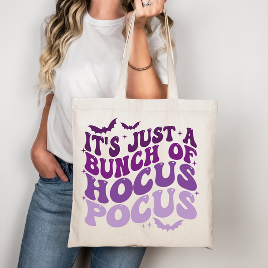 It’s Just a Bunch of Hocus Pocus Tasche beige – Halloween Stoffbeutel Baumwolle, spooky Hexen Tasche, A4 A3 Aufbügler für Shirt Kissen Jacke, handmade DTG
