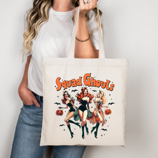 Squad Ghouls Tasche Beige – Halloween Girl Gang Stofftasche mit Retro Hexen – Baumwollbeutel mit Druck oder als A4/A3 Bügelbild für Shirt, Kissen, Jacke & Co