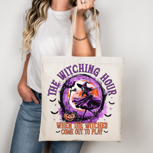 The Witching Hour Tasche Beige – Halloween Hexen Baumwollbeutel mit Retro Print – als DTG Druck oder Bügelbild A4/A3 für Shirt, Jacke, Kissen & mehr