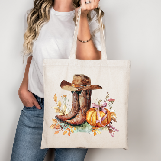 Western Boots Tasche Beige – Cowboy Kürbis Beutel im Herbst-Design – als DTG Druck oder A4/A3 Bügelbild für Shirt, Jacke, Kissen & mehr