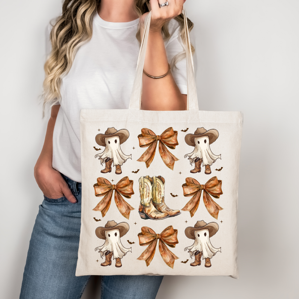 Western Ghost Coquette Tasche Schwarz – Halloween Cowboy Geist Stoffbeutel – als DTG Druck oder A4/A3 Bügelbild für Shirt, Jacke, Tasche, Kissen