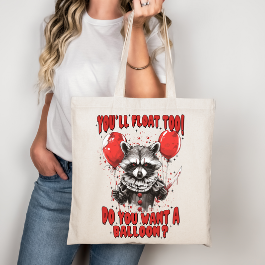 You’ll Float Too Tasche Beige – Horror Stofftasche mit Clown & Ballon – Gruselige Halloween Tragetasche – auch als A4/A3 Bügelbild für DIY, Shirts & Deko