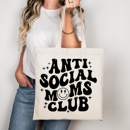 Anti Social Moms Club Tote Bag Baumwolltasche 38x42cm Rosa Beige | Lustige Mama Einkaufstasche DTG Druck | Bügelbild Upcycling Geschenkidee