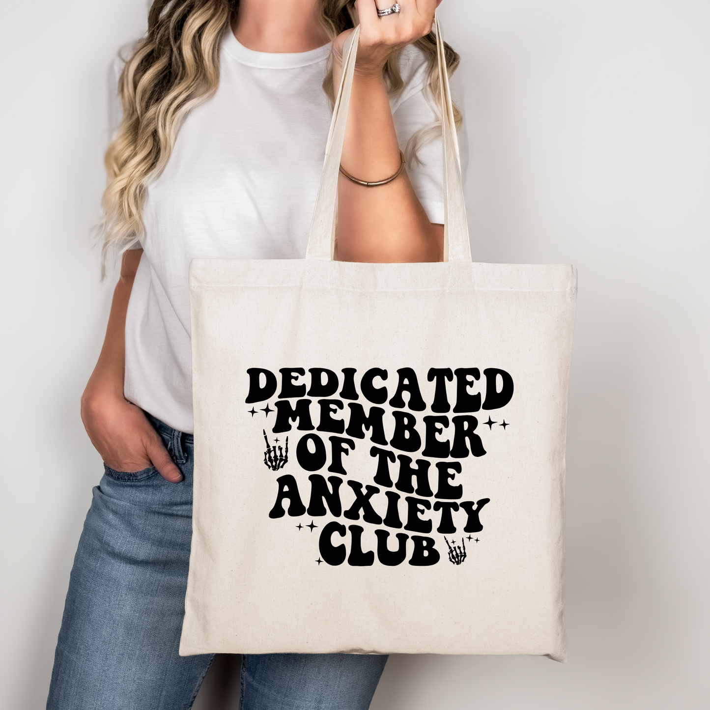 Dedicated Member of the Anxiety Club Tote Bag Baumwolltasche 38x42cm Rosa Beige | Lustige Mental Health Spruch Tasche DTG Druck | Bügelbild Upcycling Geschenkidee