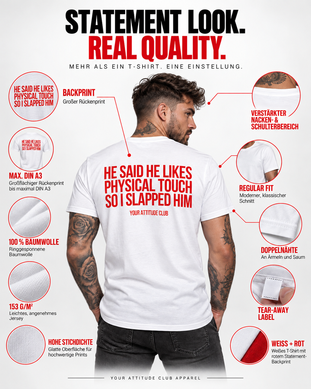 HE SAID HE LIKES PHYSICAL TOUCH SO I SLAPPED HIM – Unisex Statement T-Shirt Weiß mit rotem Backprint | freches Sprüche Shirt