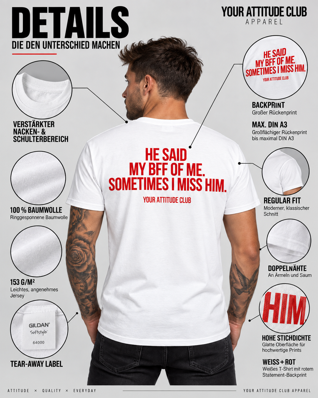 HE SAID MY BFF OF ME. SOMETIMES I MISS HIM. – Unisex Statement T-Shirt Weiß mit rotem Backprint | sarkastisches Sprüche Shirt