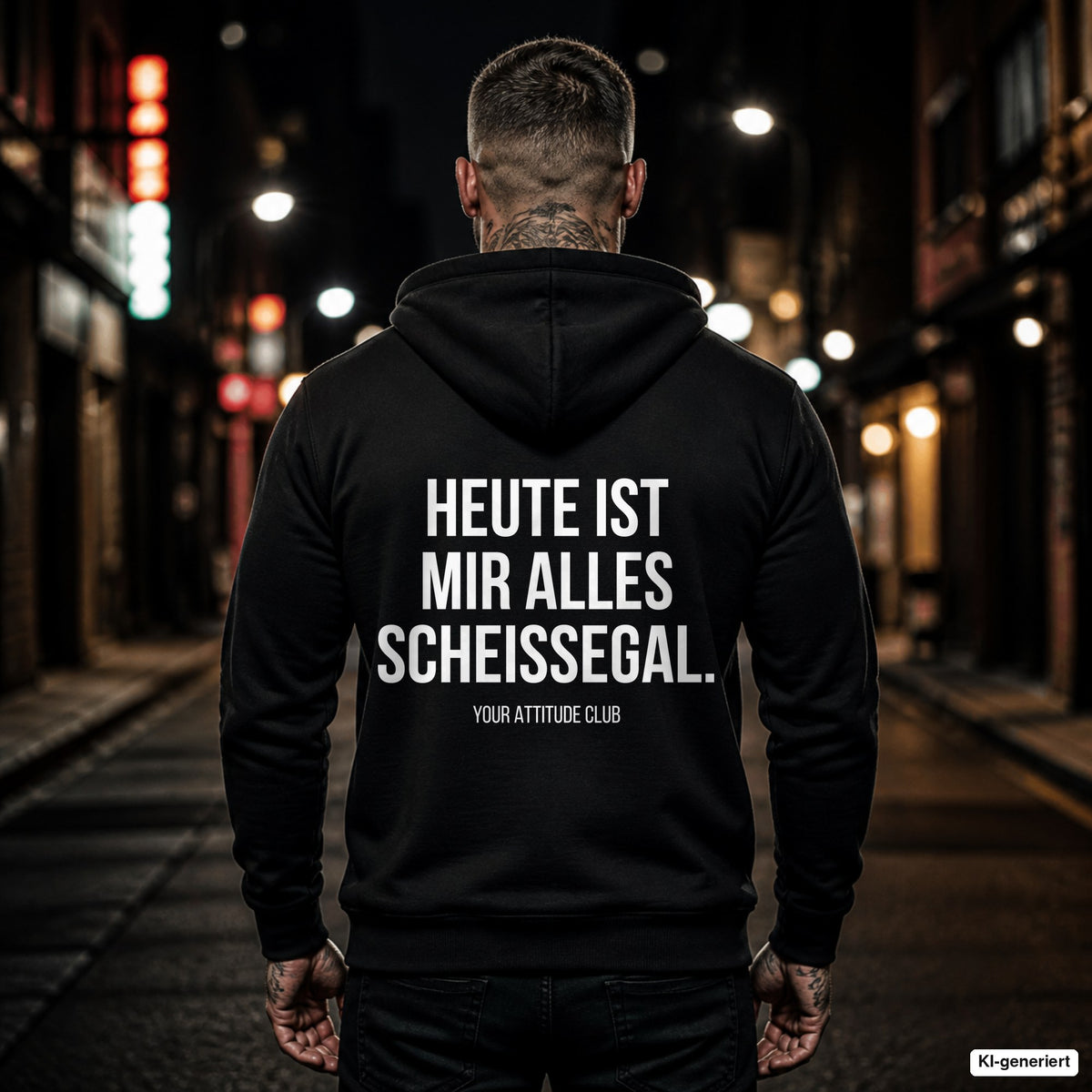 Heute ist mir alles scheißegal – schwarzer Hoodie mit weißem Backprint, Herren in der Stadt bei Nacht