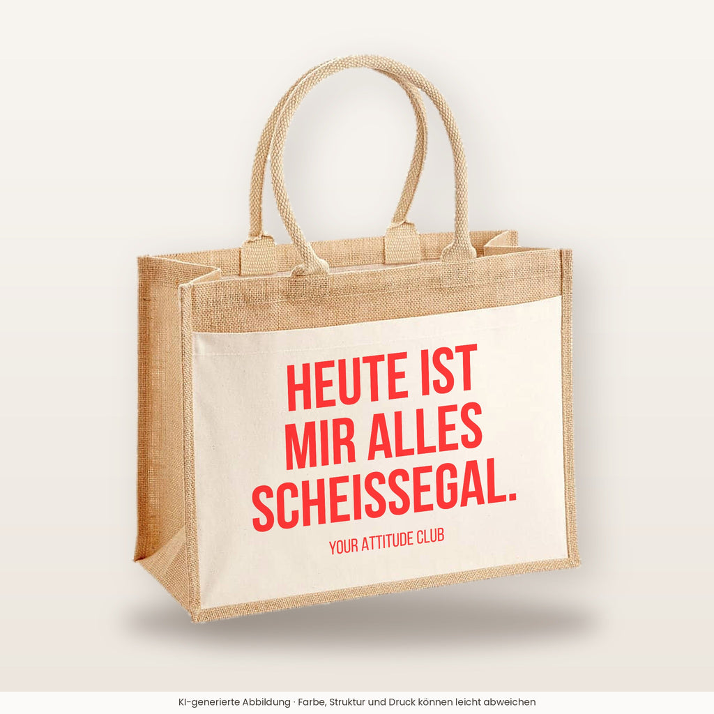 Heute ist mir alles scheissegal. – Jutetasche mit Spruch, große Jutetasche, Produktansicht
