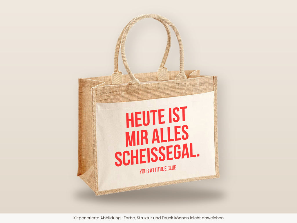 Heute ist mir alles scheissegal. – Jutetasche mit Spruch, große Jutetasche, Detailansicht