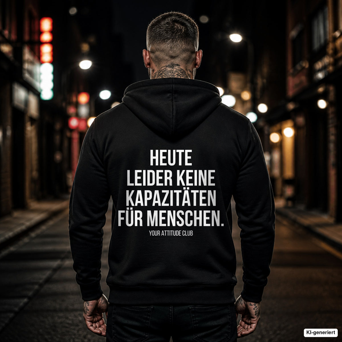Heute leider keine Kapazitäten für Menschen – schwarzer Hoodie mit weißem Backprint, Herren in der Stadt bei Nacht