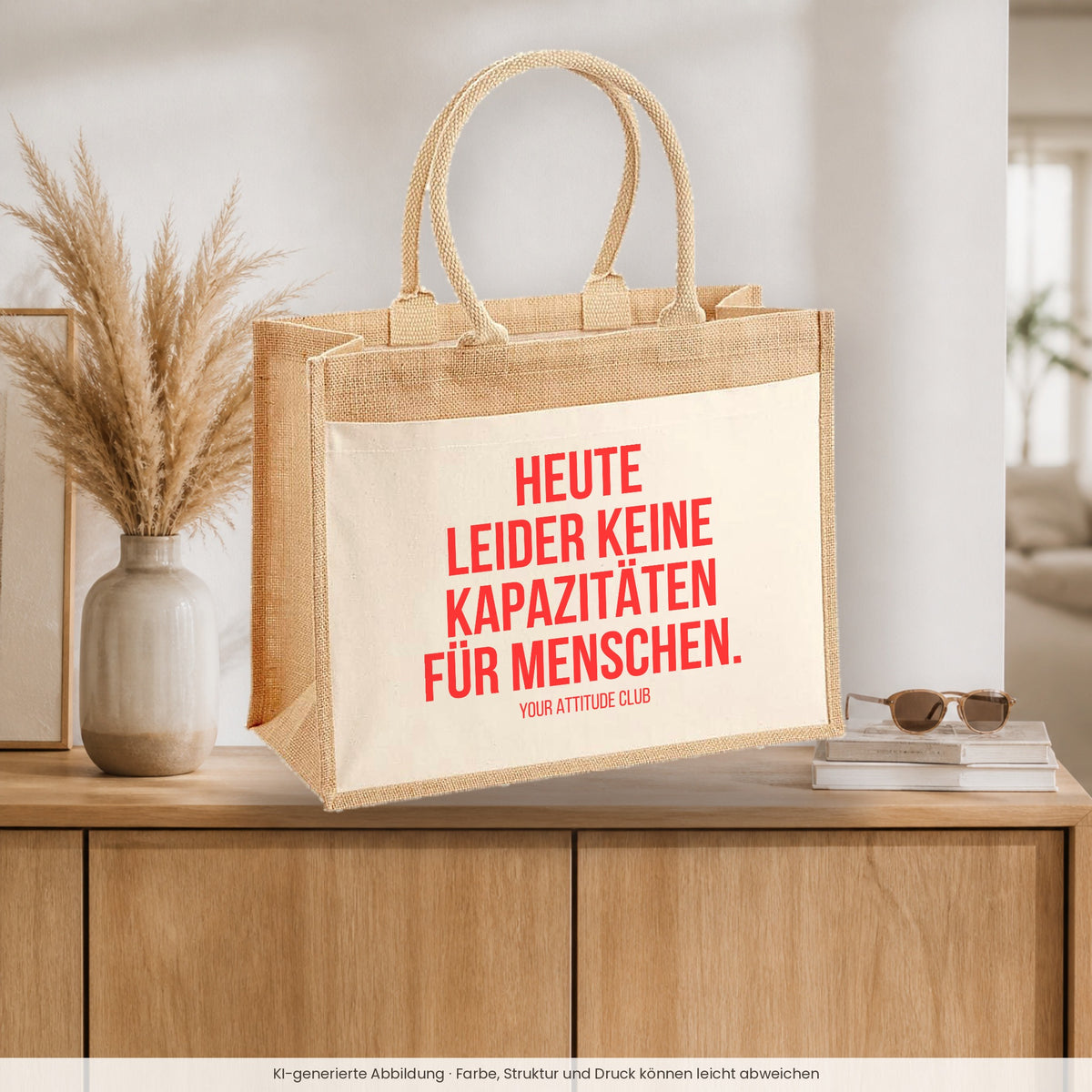 Heute leider keine Kapazitäten für Menschen. – Jutetasche mit Spruch, auf dem Sideboard im Flur