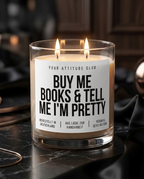 Buy Me Books & Tell Me I'm Pretty | Große Sojawachs Kerze vegan handgemacht Booklover Geschenk Leseratte Attitude Duftkerze