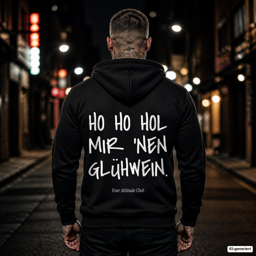 Ho Ho Hol mir 'nen Glühwein – schwarzer Hoodie mit weißem Backprint, Herren in der Stadt bei Nacht