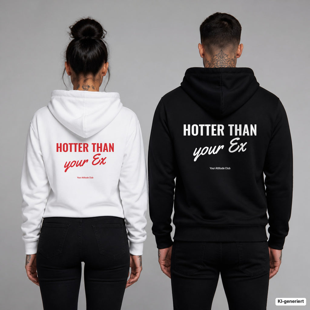 Hotter than your Ex – Hoodie mit Backprint, Frau in Weiß mit rotem und Mann in Schwarz mit weißem Aufdruck