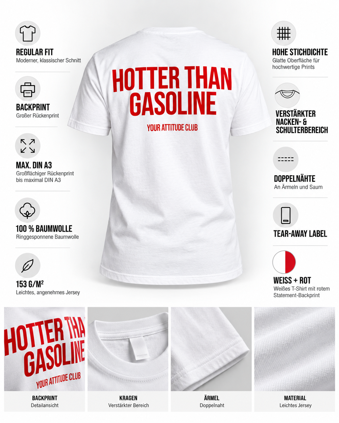 HOTTER THAN GASOLINE – Unisex Statement T-Shirt Weiß mit rotem Backprint | freches selbstbewusstes Sprüche Shirt