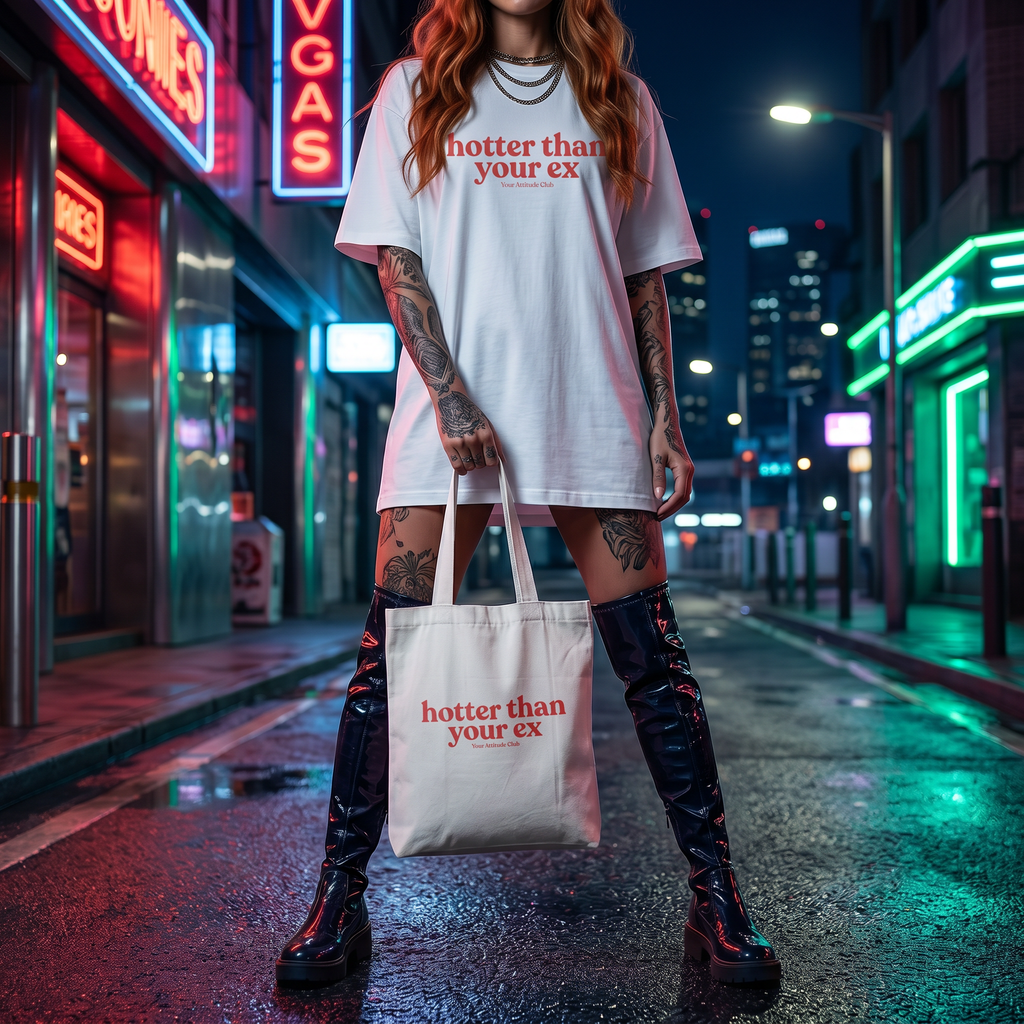 Hotter than your ex Beutel – Baumwoll Tragetasche mit Spruch, Shopper Bag Damen Herren, Statement Stoffbeutel groß, Streetwear Tasche, nachhaltig
