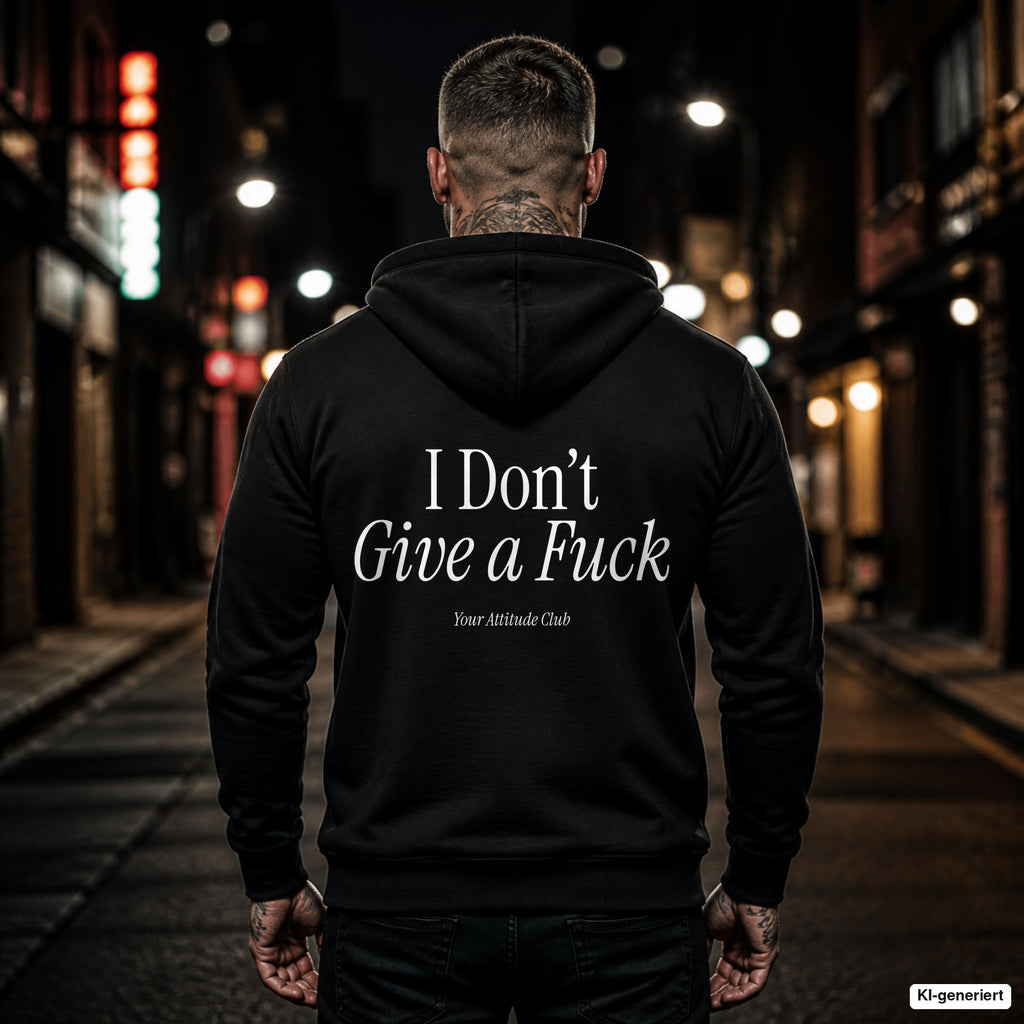 I Don’t Give a Fuck – schwarzer Hoodie mit weißem Backprint, Herren in der Stadt bei Nacht