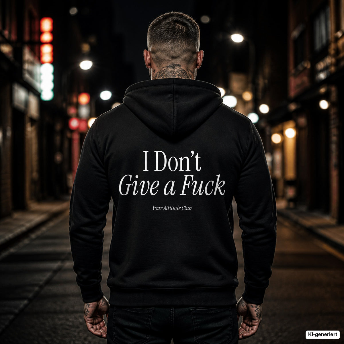 I Don’t Give a Fuck – schwarzer Hoodie mit weißem Backprint, Herren in der Stadt bei Nacht
