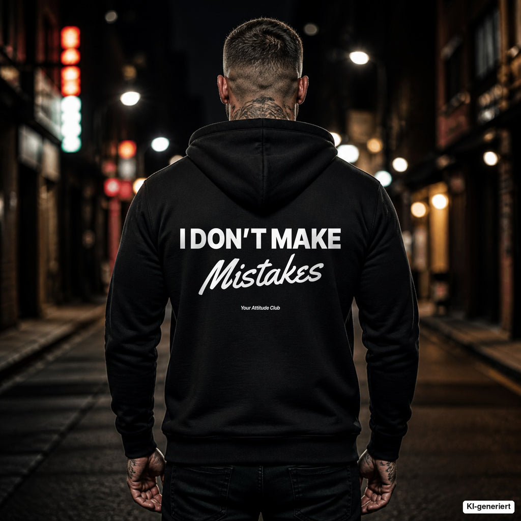 I Don’t Make Mistakes – schwarzer Hoodie mit weißem Backprint, Herren in der Stadt bei Nacht