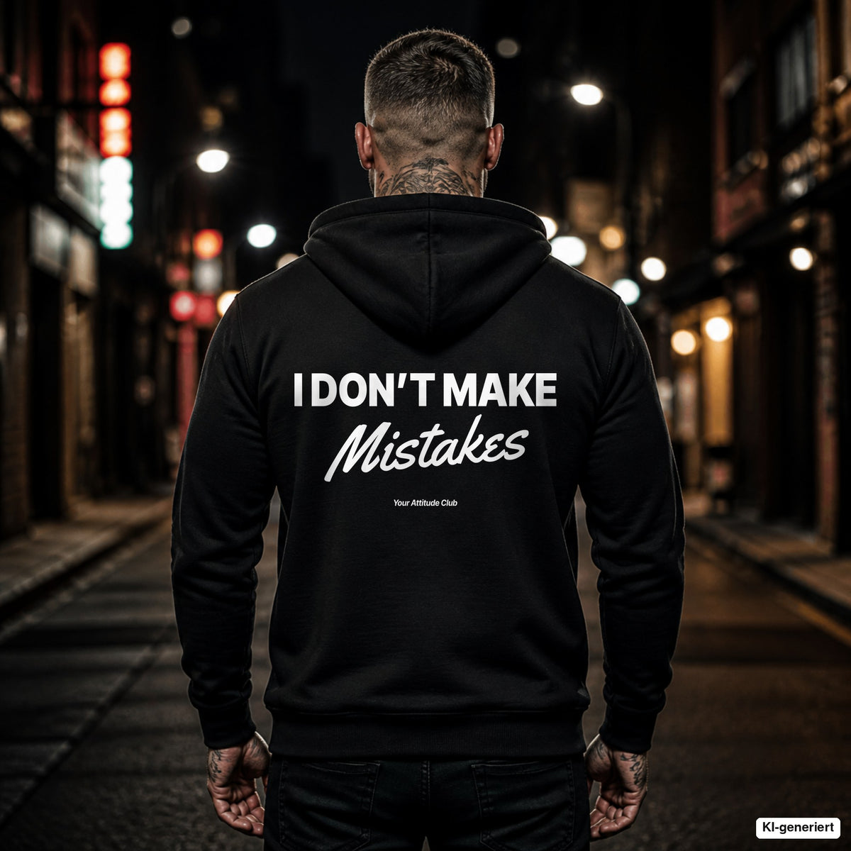 I Don’t Make Mistakes – schwarzer Hoodie mit weißem Backprint, Herren in der Stadt bei Nacht