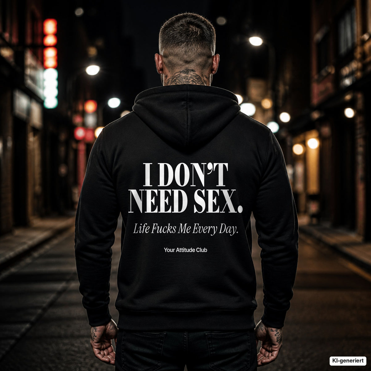 I Don’t Need Sex. Life Fucks Me Every Day – schwarzer Hoodie mit weißem Backprint, Herren in der Stadt bei Nacht