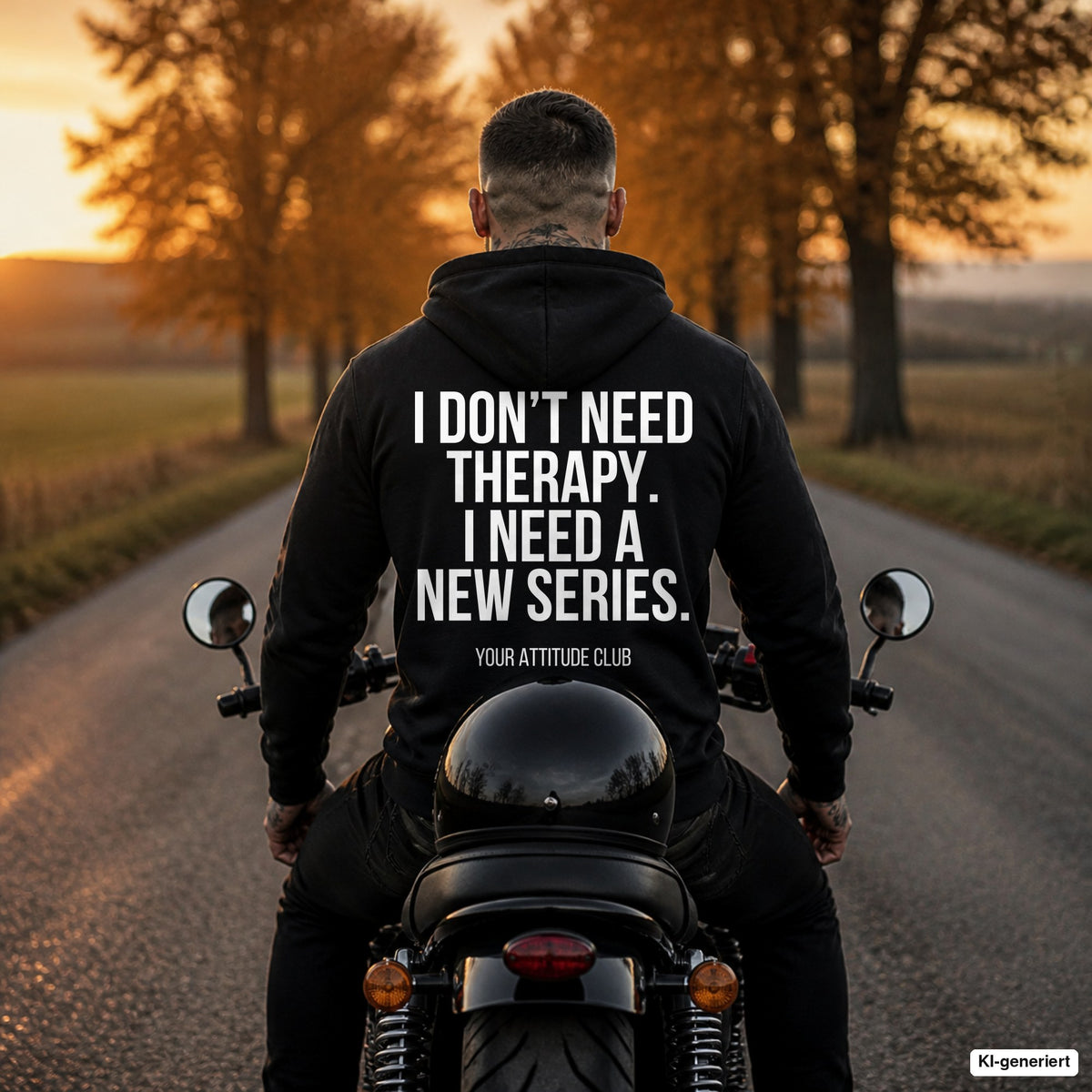 I don’t need therapy. I need a new series. – schwarzer Hoodie mit weißem Backprint, Herren auf dem Motorrad