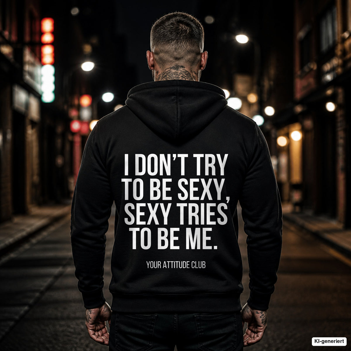 I don’t try to be sexy, sexy tries to be me – schwarzer Hoodie mit weißem Backprint, Herren in der Stadt bei Nacht